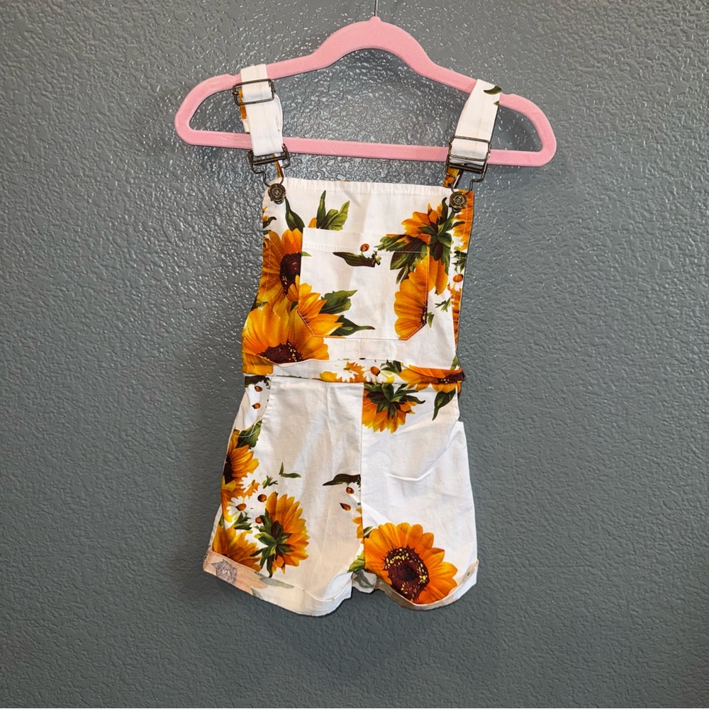 Girls Size 110 4T White Sunflower Overalls